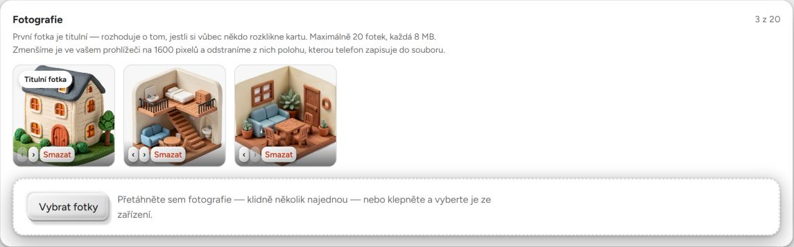 Úprava inzerátu na BookNoFees: Přidání fotografií, změna jejich pořadí a výběr titulní fotografie.
