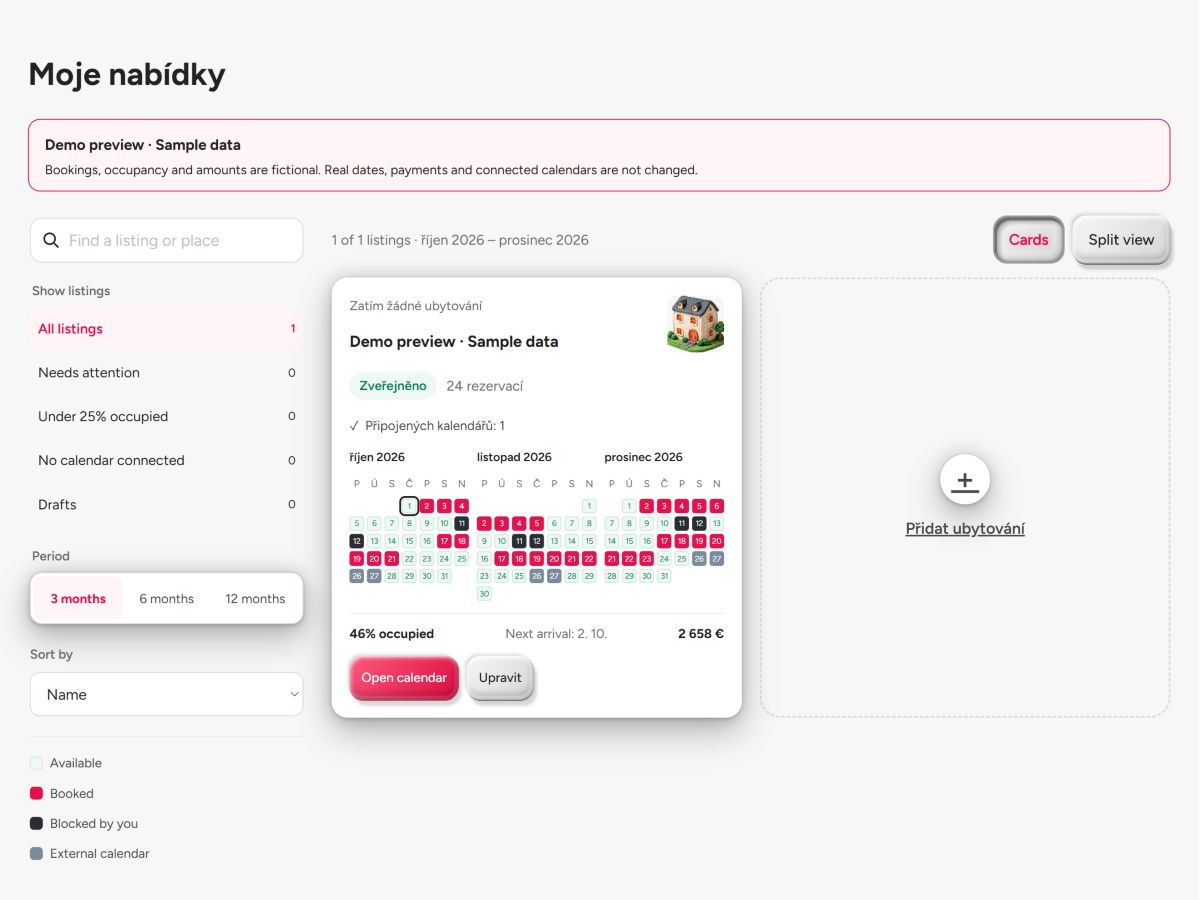 Přehled pronajímatelů BookNoFees s příklady ubytování, stavem inzerátů a kalendářem.
