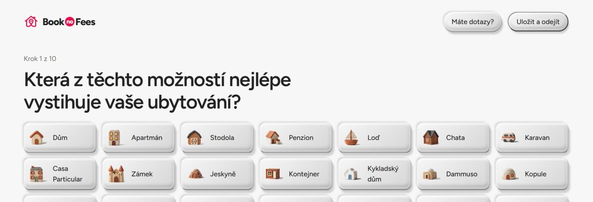 Inzerát na BookNoFees: V prvním kroku vyberte typ ubytování.