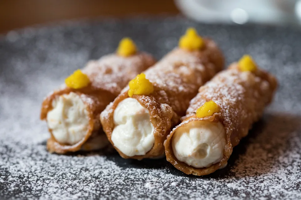 BookNoFees: Ukázková fotografie: Cannoli s krémovou náplní a posypané moučkovým cukrem